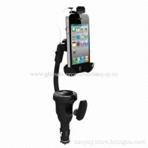 Car universal holder with charger and FM radio transmitter, suitable for smartphones
